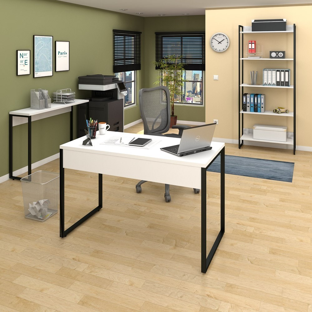 Conjunto Escritório Mesa 120 Aparador e Estante Studio Industrial M18 Branco - Mpozenato