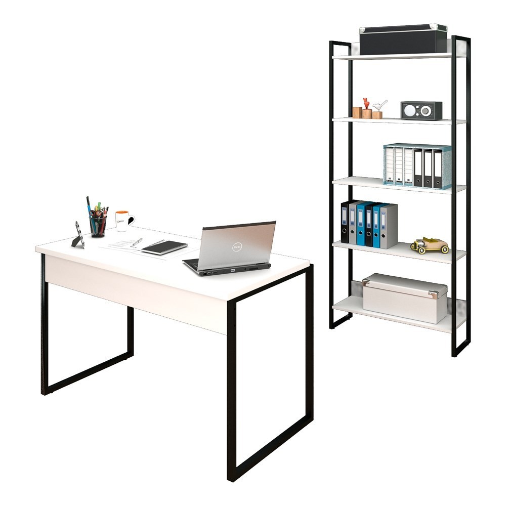 Conjunto Escritório Mesa 120 e Estante Studio Industrial M18 Branco - Mpozenato