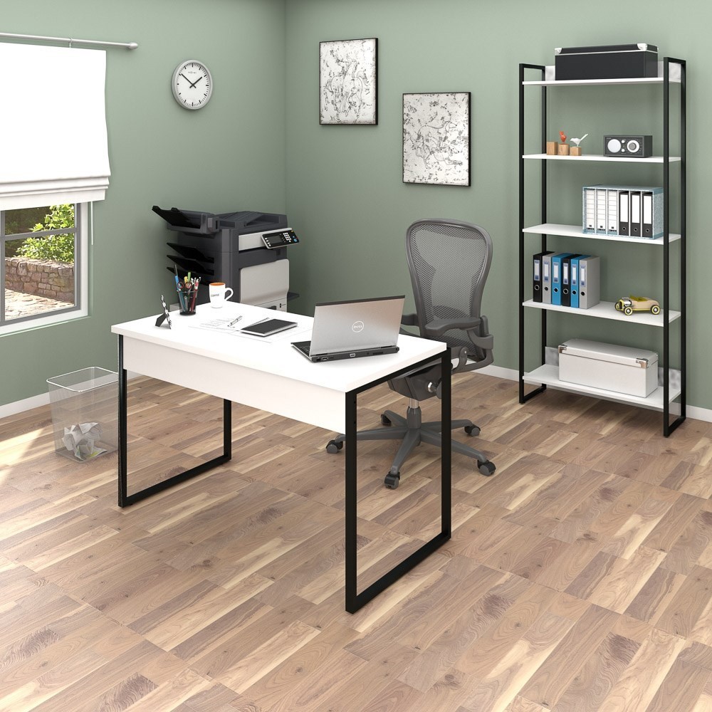 Conjunto Escritório Mesa 120 e Estante Studio Industrial M18 Branco - Mpozenato