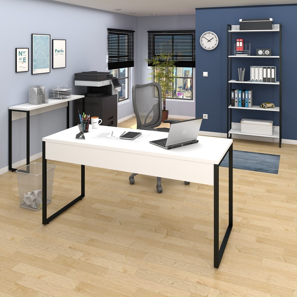 Conjunto Escritório Mesa 150 Aparador e Estante Studio Industrial M18 Branco - Mpozenato