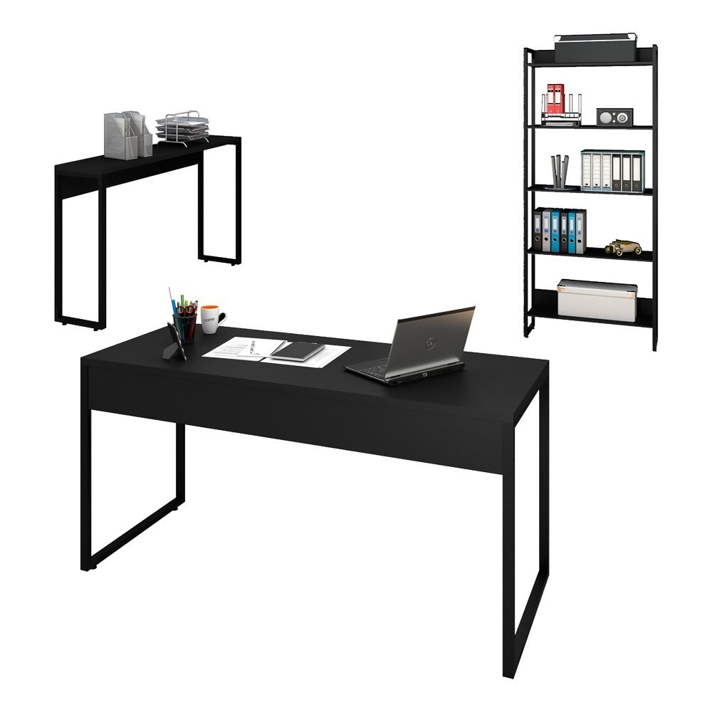 Conjunto Escritório Mesa 150 Aparador e Estante Studio Industrial M18 Preto - Mpozenato