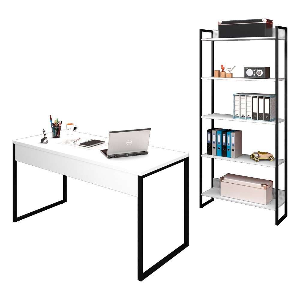 Conjunto Escritório Mesa 150 e Estante Studio Industrial M18 Branco - Mpozenato