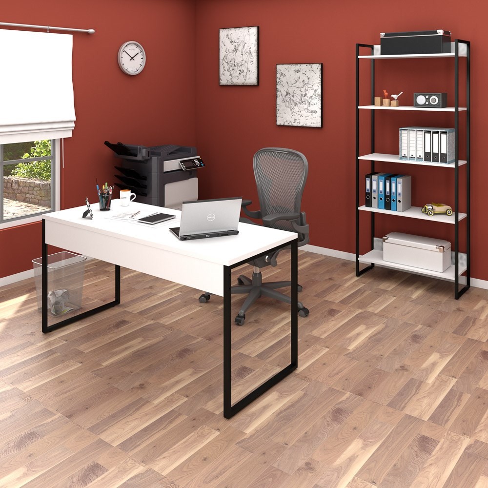 Conjunto Escritório Mesa 150 e Estante Studio Industrial M18 Branco - Mpozenato