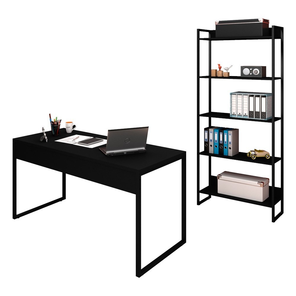 Conjunto Escritório Mesa 150 e Estante Studio Industrial M18 Preto - Mpozenato