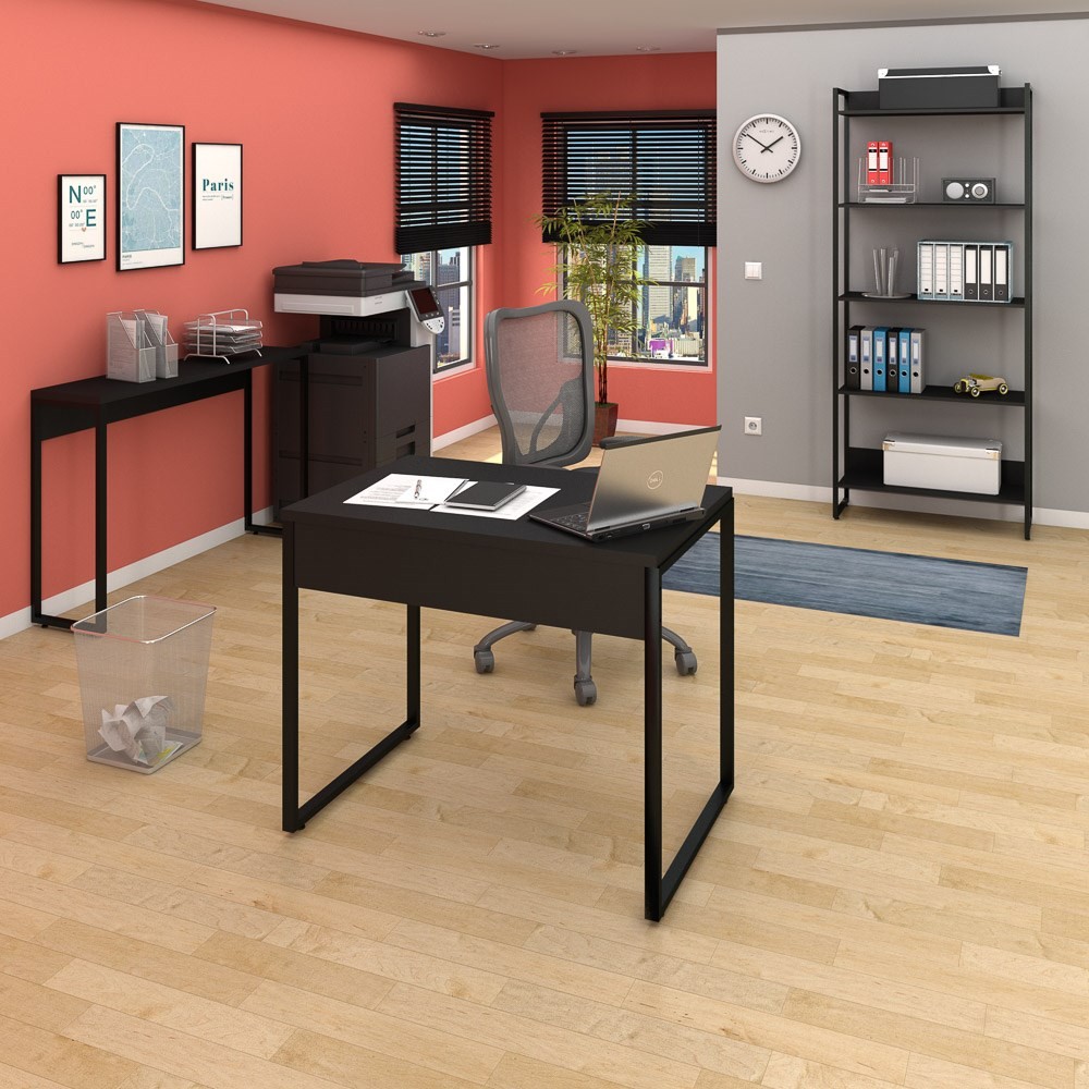 Conjunto Escritório Mesa 90 Aparador e Estante Studio Industrial M18 Preto - Mpozenato