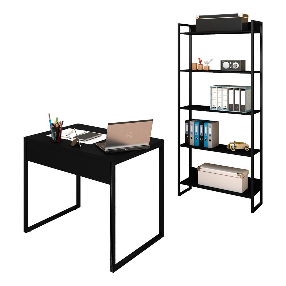 Conjunto Escritório Mesa 90 e Estante Studio Industrial M18 Preto - Mpozenato