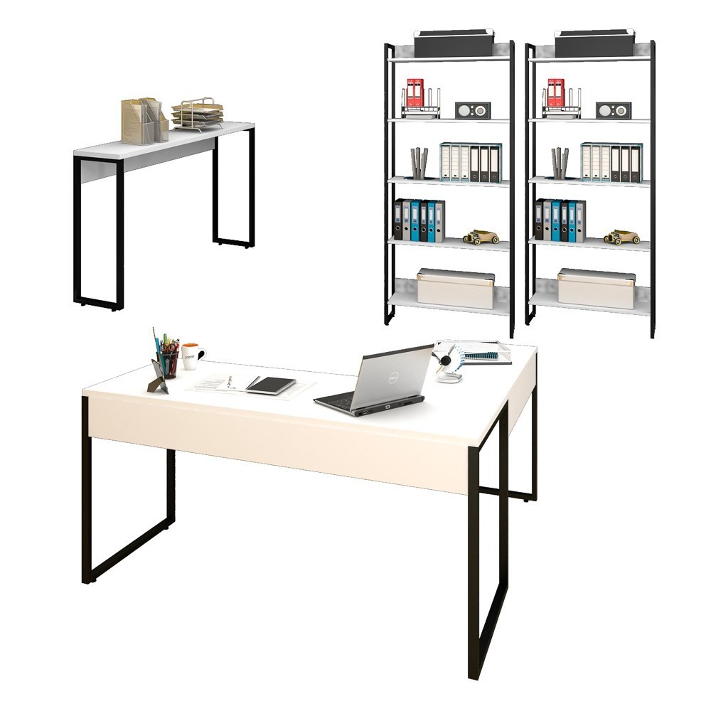 Conjunto Escritório Mesa em L Aparador e 2 Estantes Studio Industrial M18 Branco - Mpozenato