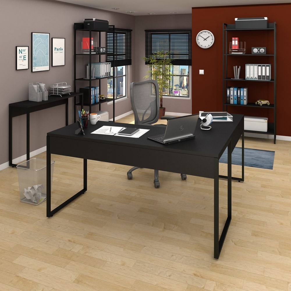 Conjunto Escritório Mesa em L Aparador e 2 Estantes Studio Industrial M18 Preto - Mpozenato