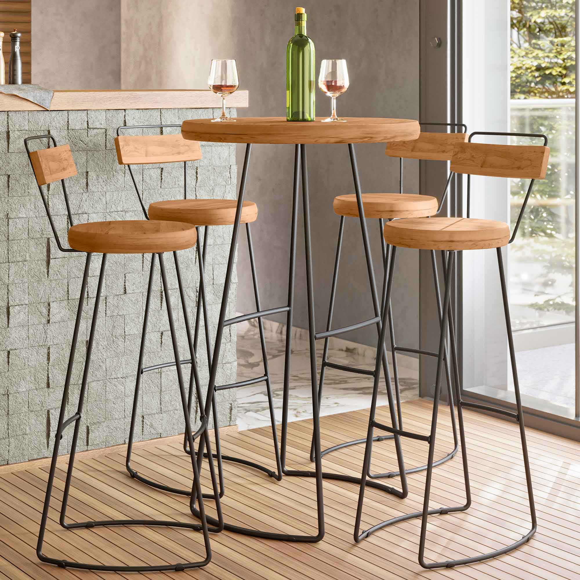 Conjunto Mesa Bistrô Alta e 4 Banquetas com Encosto Estilo Industrial Aura D09 Peroba - Mpozenato