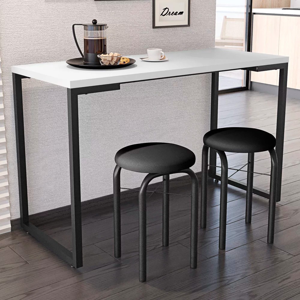 Conjunto Mesa de Cozinha Prattica Industrial 120cm com 2 Banquetas F02 Branco/Preto - Mpozenato