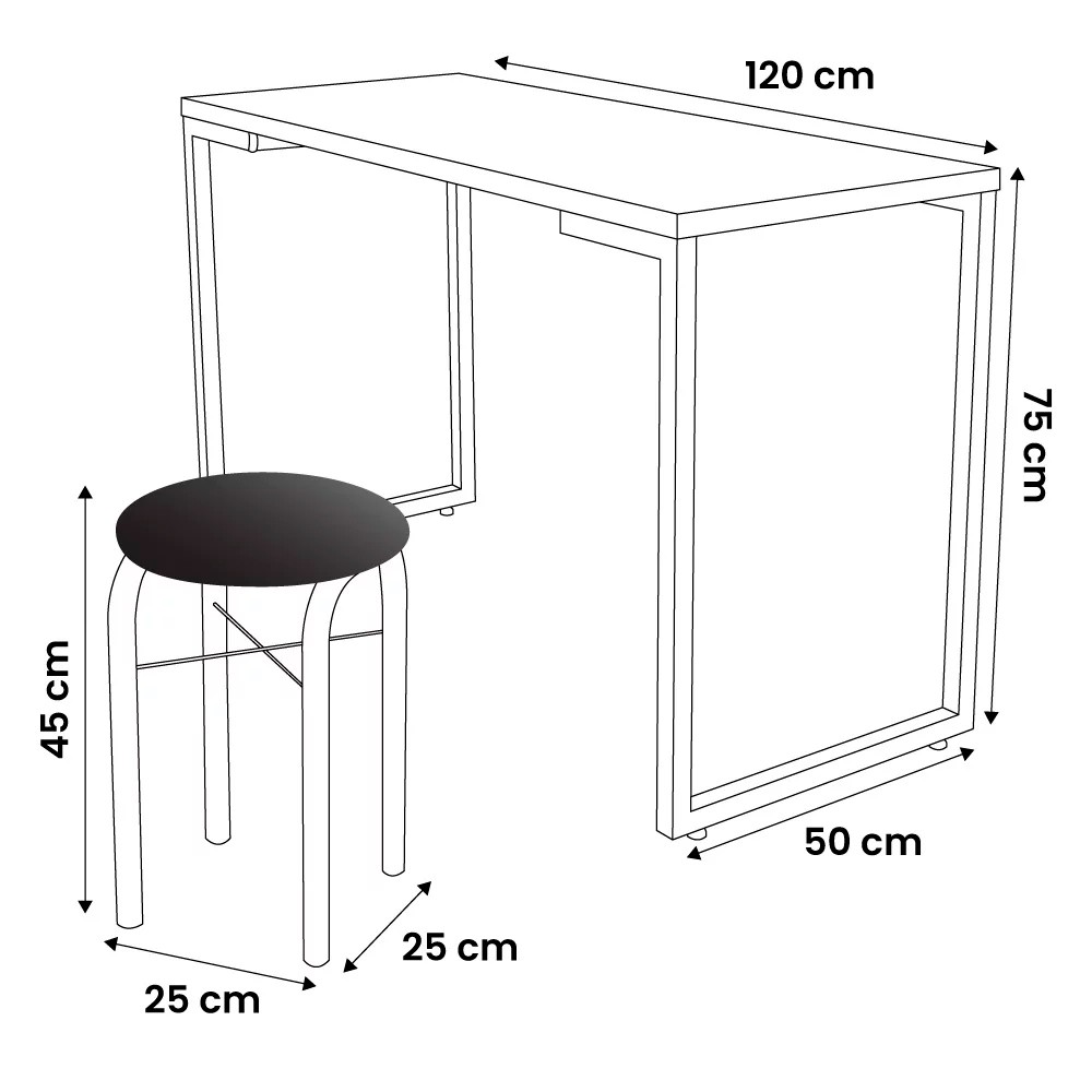 Conjunto Mesa de Cozinha Prattica Industrial 120cm com 2 Banquetas F02 Branco/Preto - Mpozenato