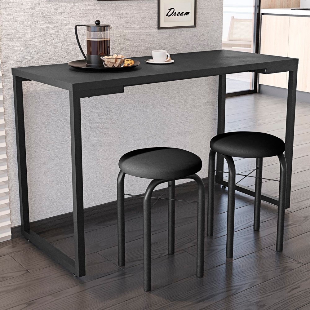 Conjunto Mesa de Cozinha Prattica Industrial 120cm com 2 Banquetas F02 Preto - Mpozenato