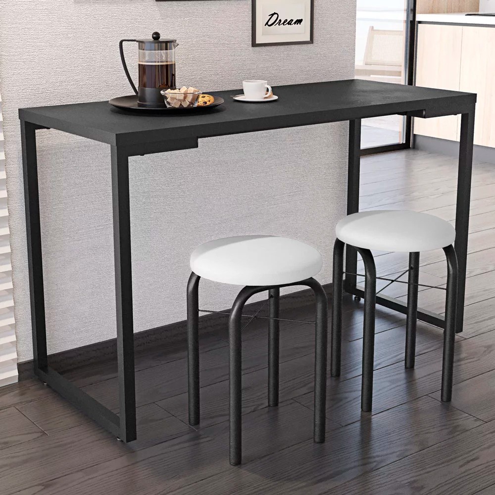 Conjunto Mesa de Cozinha Prattica Industrial 120cm com 2 Banquetas F02 Preto/Branco - Mpozenato