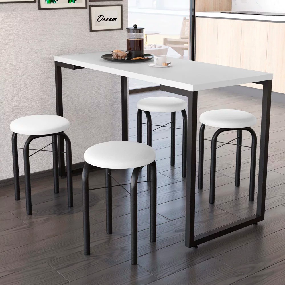 Conjunto Mesa de Cozinha Prattica Industrial 120cm com 4 Banquetas F02 Branco - Mpozenato