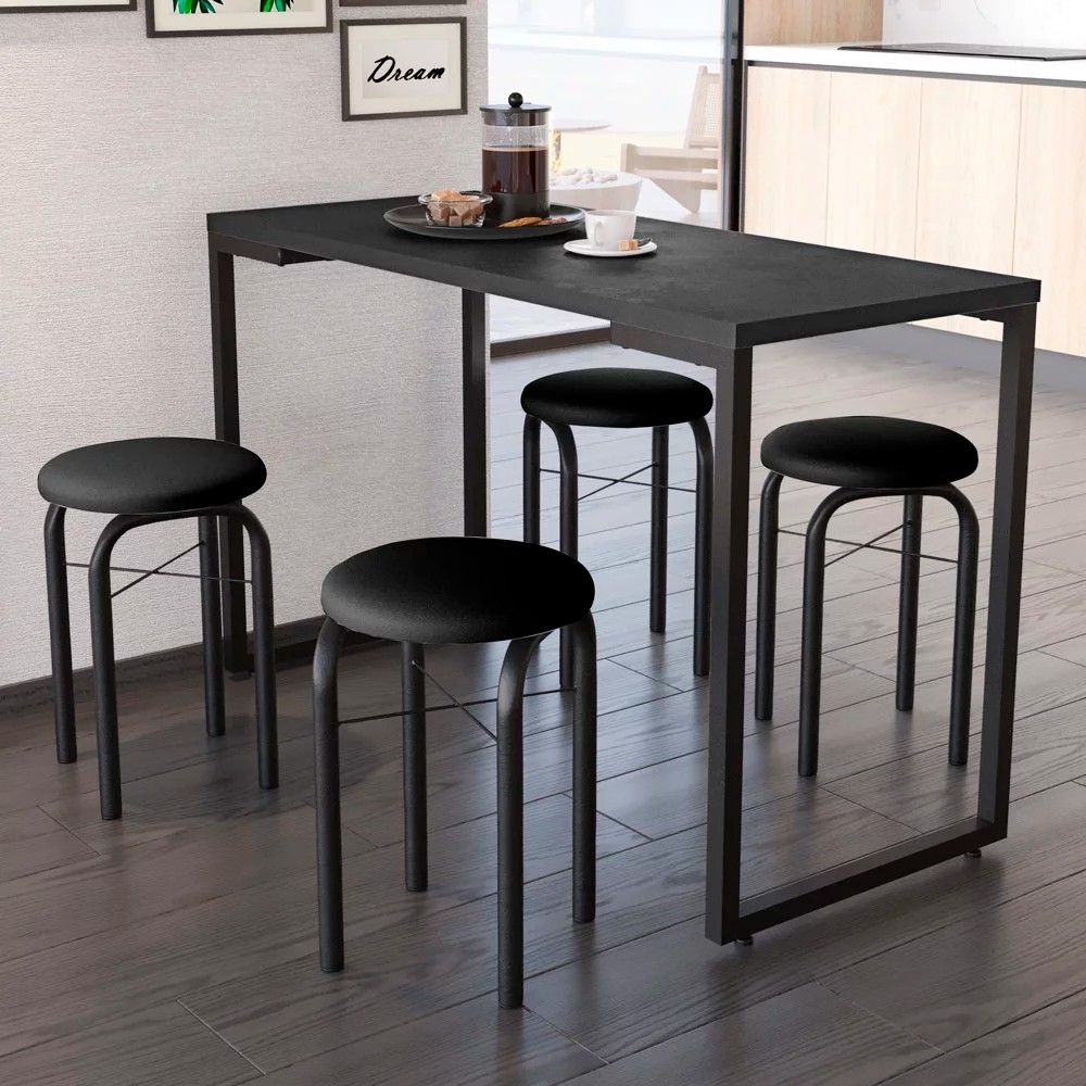 Conjunto Mesa de Cozinha Prattica Industrial 120cm com 4 Banquetas F02 Preto - Mpozenato