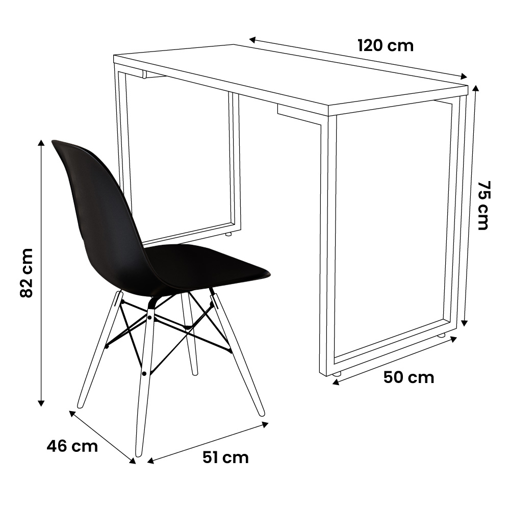 Conjunto Mesa de Cozinha Prattica Industrial 120cm e 2 Cadeiras Eames F02 Branco/Preto - Mpozenato