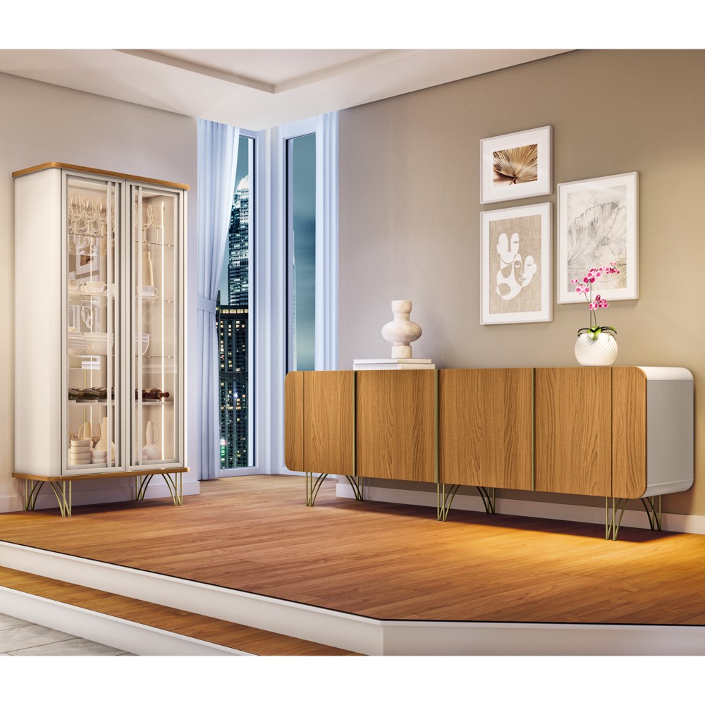 Conjunto Sala de Estar com Cristaleira Agnes H01 Off White/Cinamomo - Mpozenato