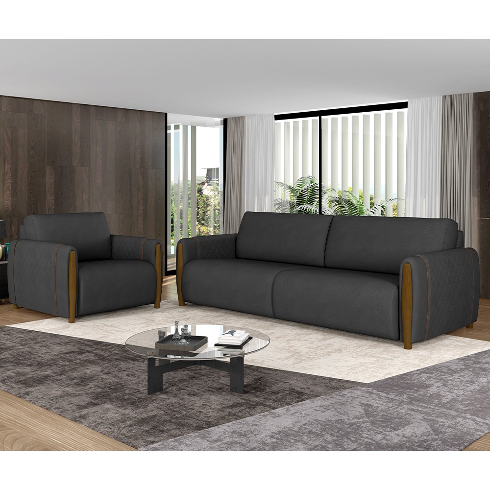 Conjunto Sofá 3 Lugares 223cm e Poltrona 98cm Amaranto M22 PU Preto - Mpozenato