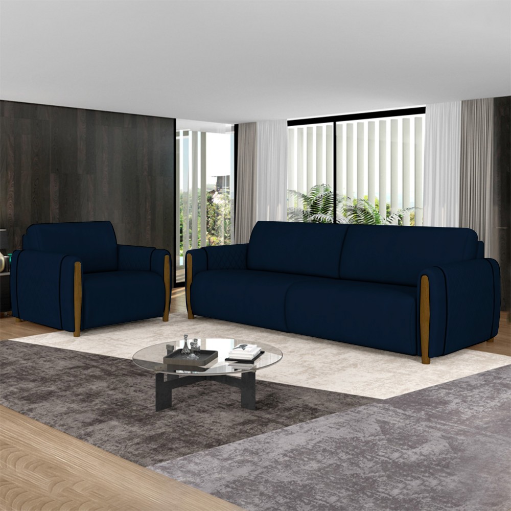 Conjunto Sofá 3 Lugares 223cm e Poltrona 98cm Amaranto M22 Veludo Azul Marinho - Mpozenato