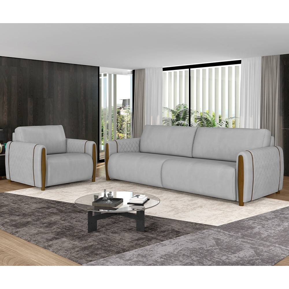 Conjunto Sofá 3 Lugares 223cm e Poltrona 98cm Amaranto M22 Veludo Cinza - Mpozenato