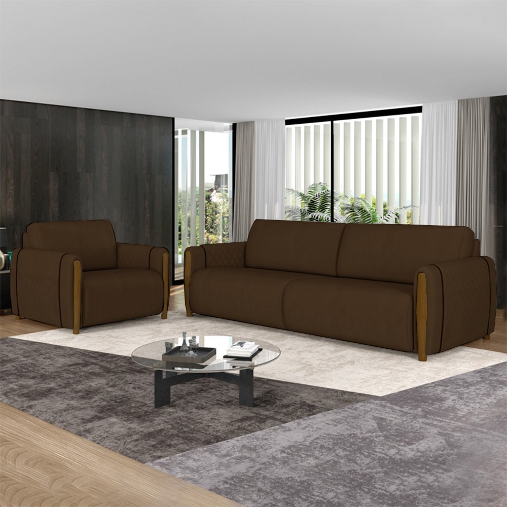 Conjunto Sofá 3 Lugares 223cm e Poltrona 98cm Amaranto M22 Veludo Marrom - Mpozenato