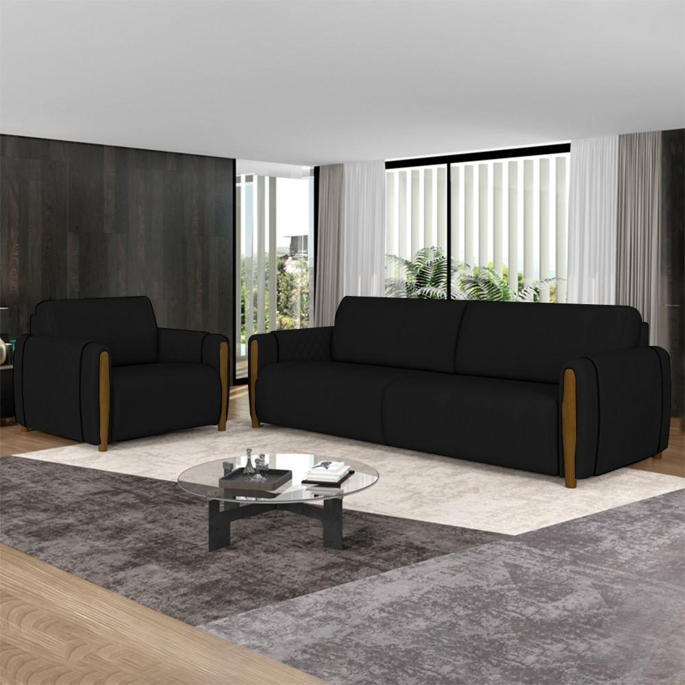 Conjunto Sofá 3 Lugares 223cm e Poltrona 98cm Amaranto M22 Veludo Preto - Mpozenato