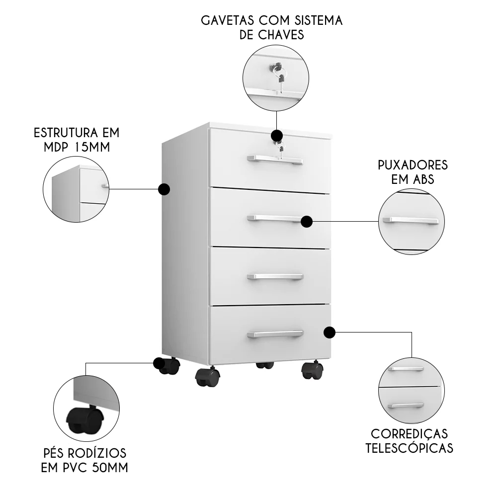 Conjunto de Escritório Home Office 3 com Peças Gávea Branco - Mpozenato