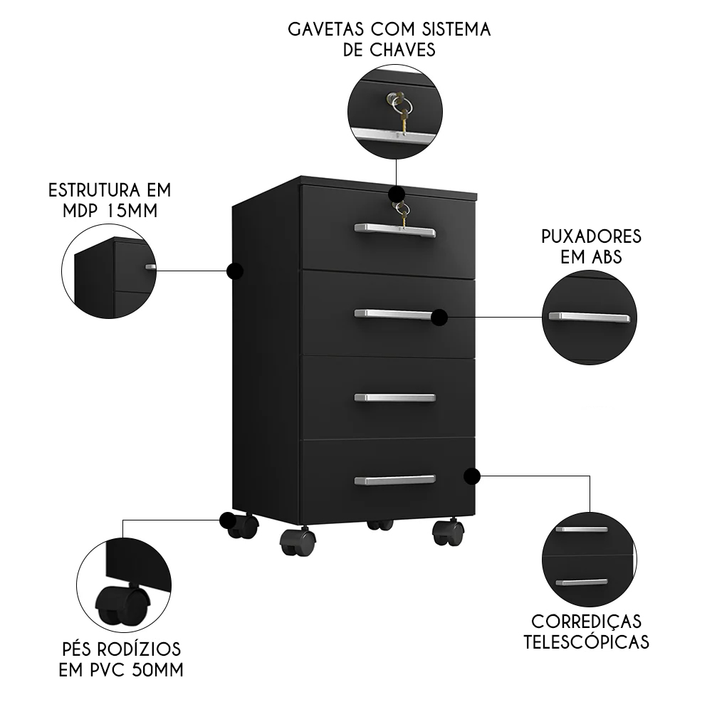 Conjunto de Escritório Home Office 3 com Peças Gávea Preto - Mpozenato