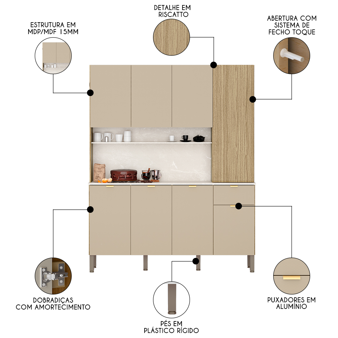 Cozinha Compacta 8 Portas 161cm Soul K02 Freijó/Vanilla - Mpozenato