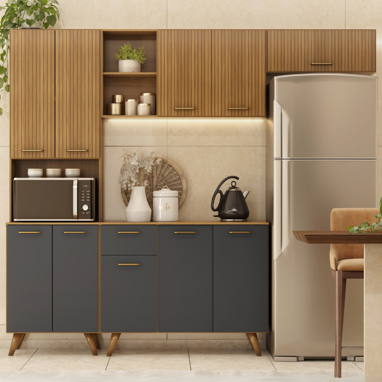Cozinha Compacta Amélia Freijó UV/Ripado/Grafite Acetinado Z44 - Mpozenato