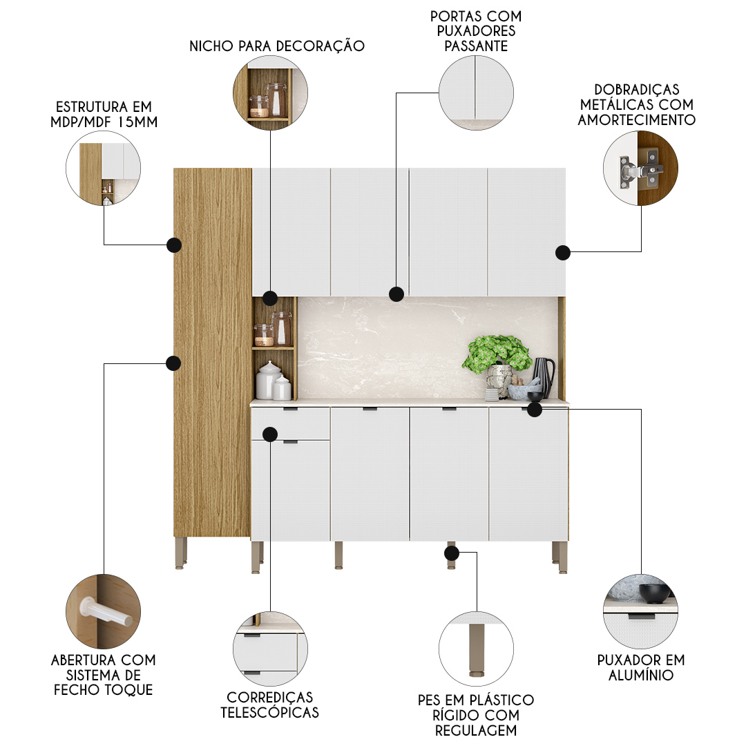 Cozinha Compacta Com Balcão 200cm Louvre K02 Freijó/Ártico - Mpozenato