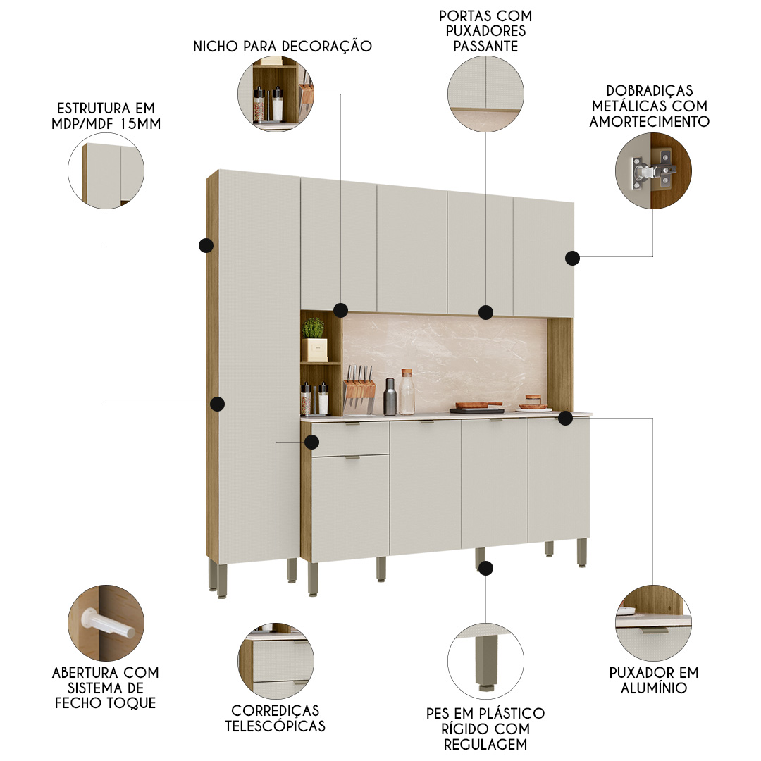 Cozinha Compacta Com Balcão 200cm Louvre K02 Freijó/Soft - Mpozenato