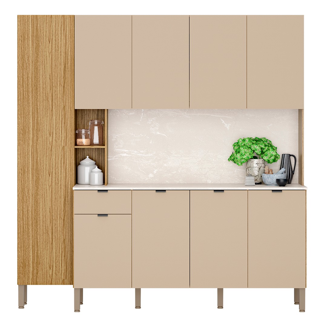 Cozinha Compacta Com Balcão 200cm Louvre K02 Freijó/Vanilla - Mpozenato