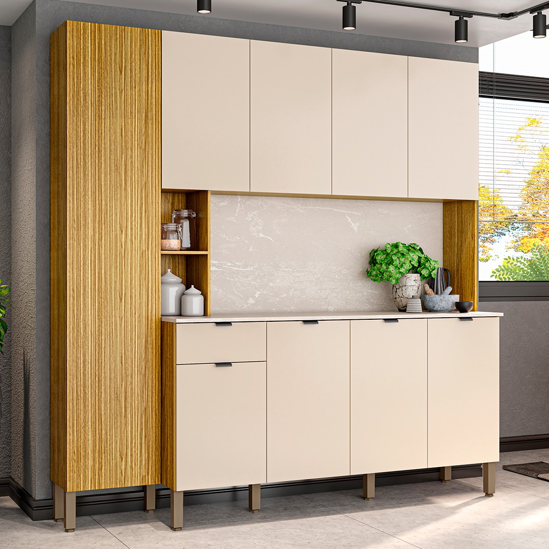Cozinha Compacta Com Balcão 200cm Louvre K02 Freijó/Vanilla - Mpozenato