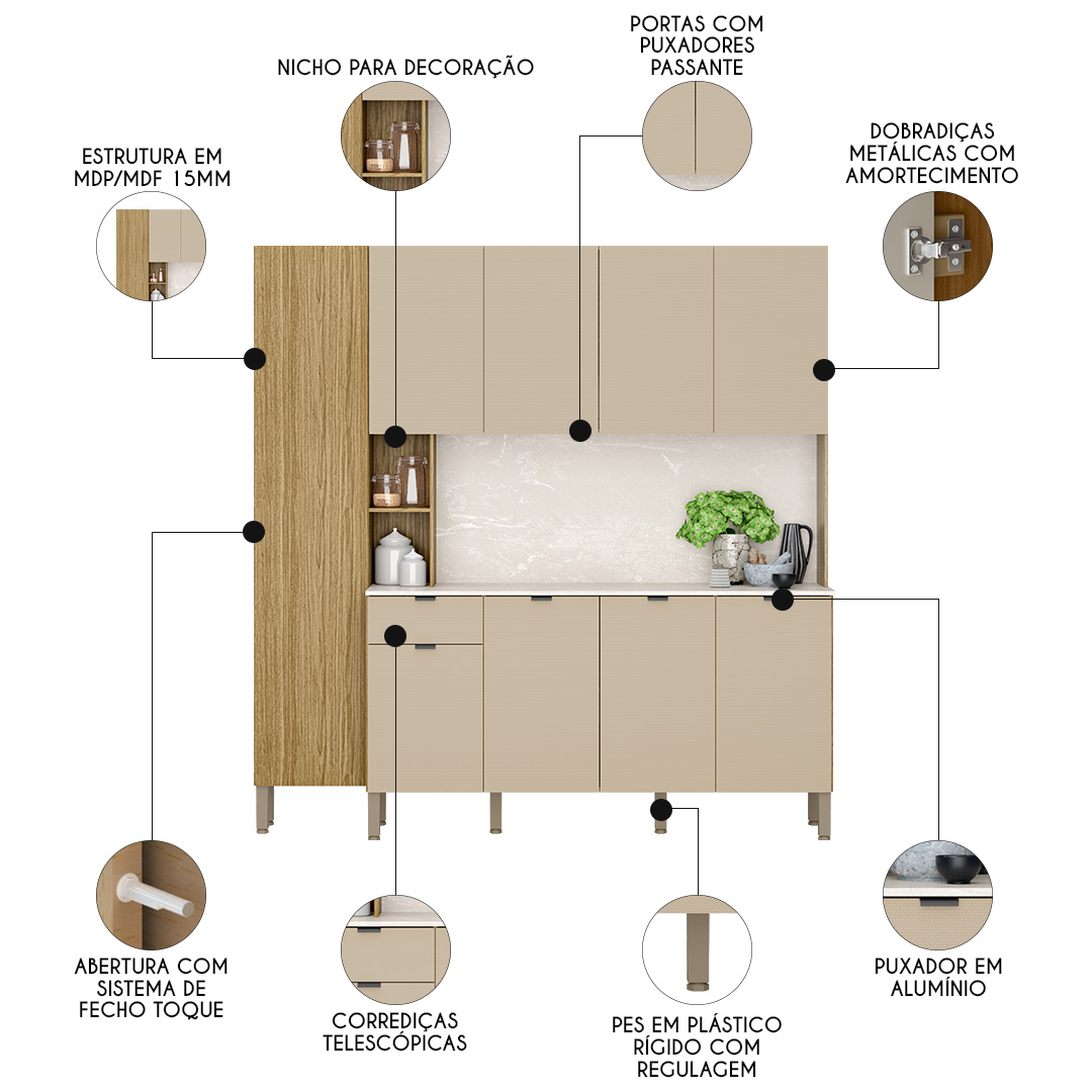 Cozinha Compacta Com Balcão 200cm Louvre K02 Freijó/Vanilla - Mpozenato