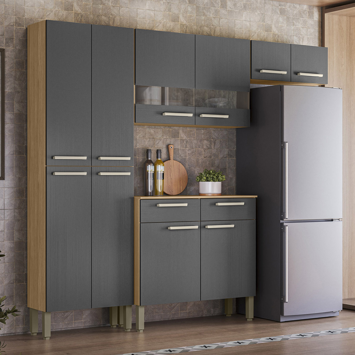 Cozinha Compacta Com Balcão 221cm Vivian Plus Freijó/Gris Z06 - Mpozenato