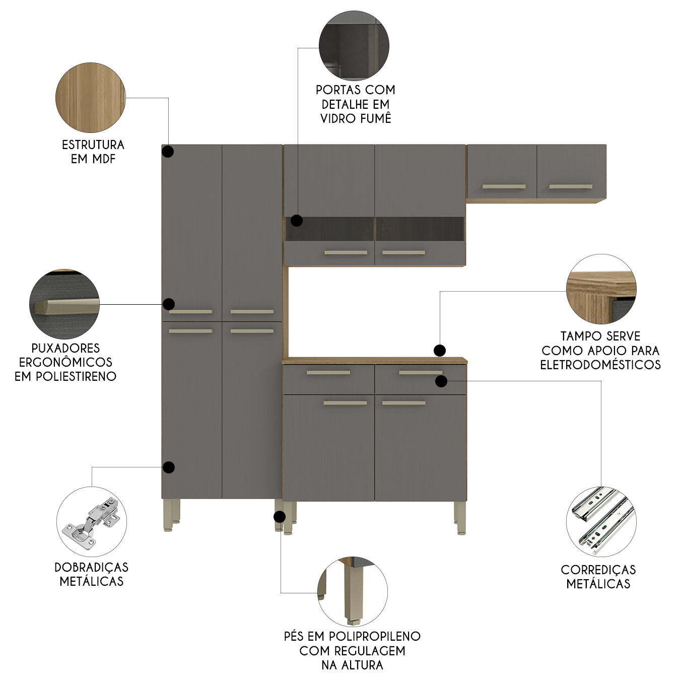 Cozinha Compacta Com Balcão 221cm Vivian Plus Freijó/Gris Z06 - Mpozenato