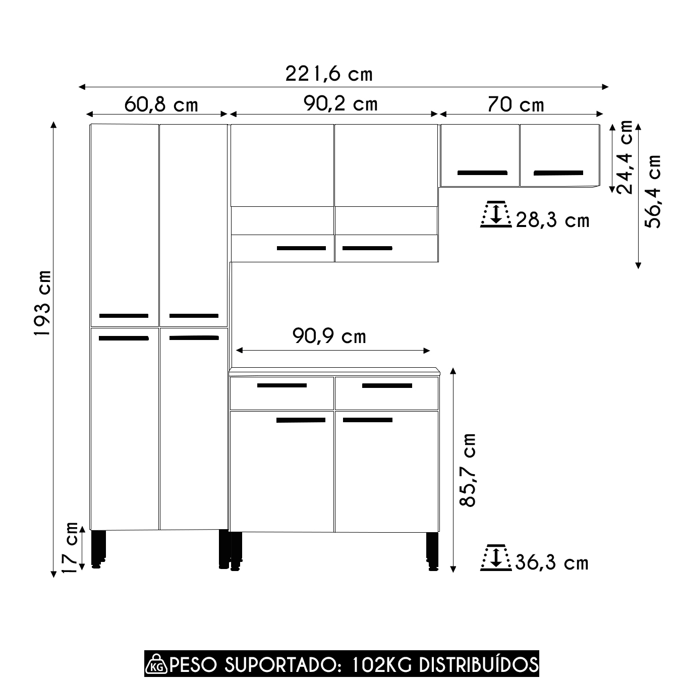 Cozinha Compacta Com Balcão 221cm Vivian Plus Freijó/Gris Z06 - Mpozenato