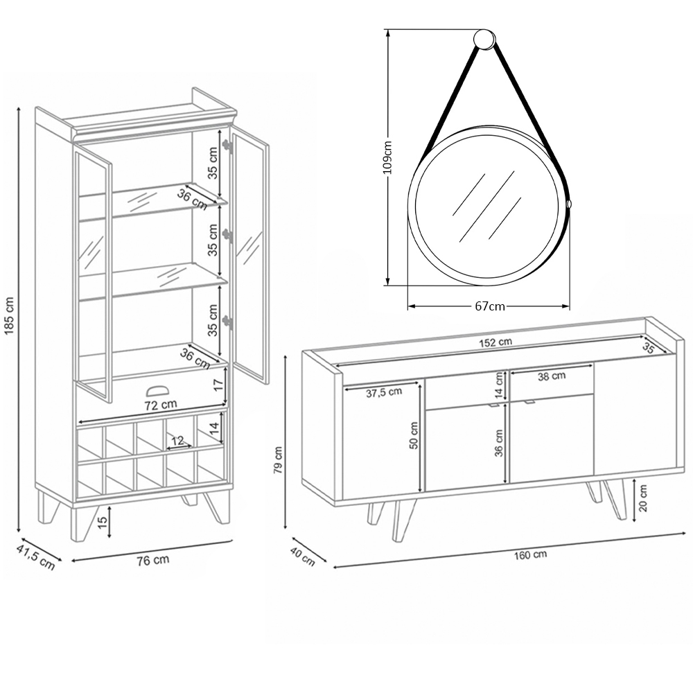 Cristaleira Adega Órfeo Buffet Sinfonia e Espelho 67cm H01 Off White/Cinamomo - Mpozenato