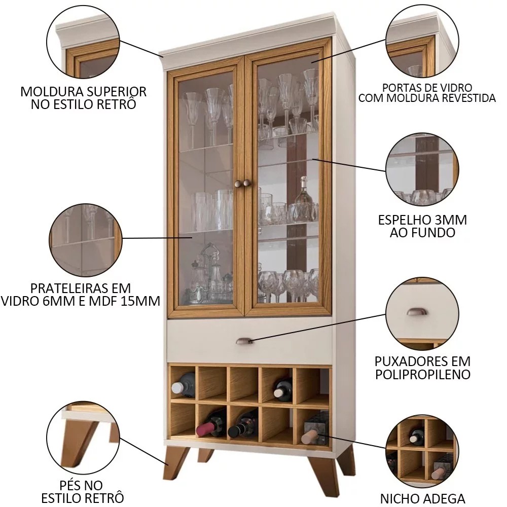 Cristaleira Adega Órfeo Buffet Sinfonia e Espelho 67cm H01 Off White/Cinamomo - Mpozenato