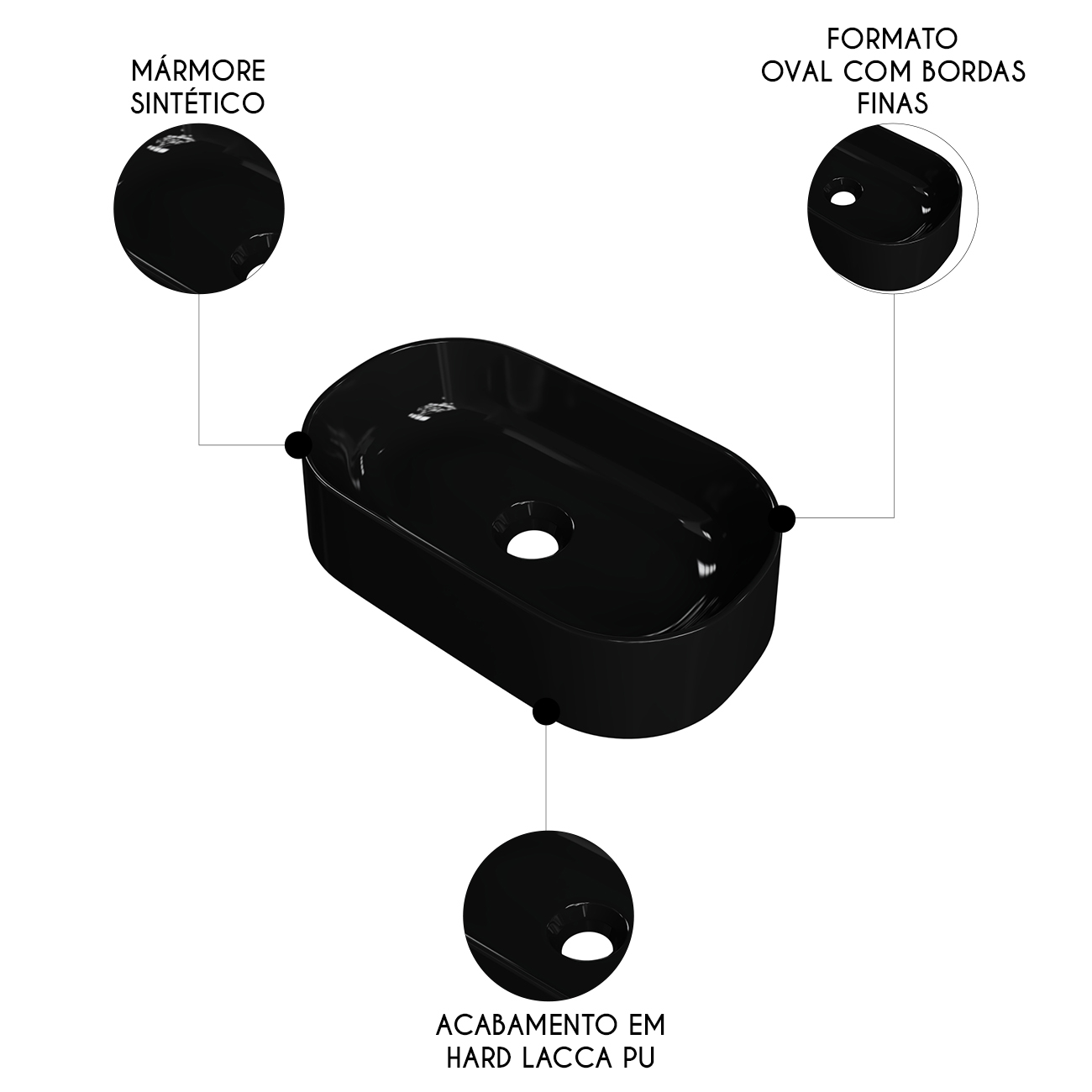 Cuba Pia de Apoio Para Banheiro Oval 43cm Hera C08 Preto - Mpozenato