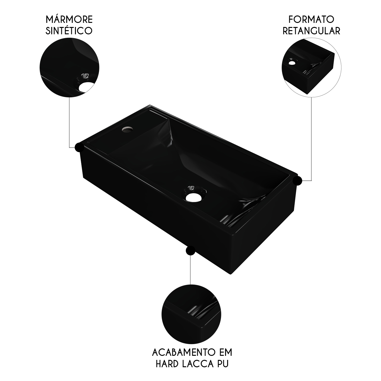 Cuba Pia de Apoio Para Banheiro Retangular 54cm Alva C08 Preto - Mpozenato