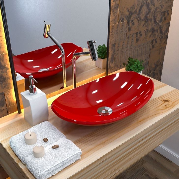 Casa de banho vermelha com o lavatório de vidro :: Fotos e imagens