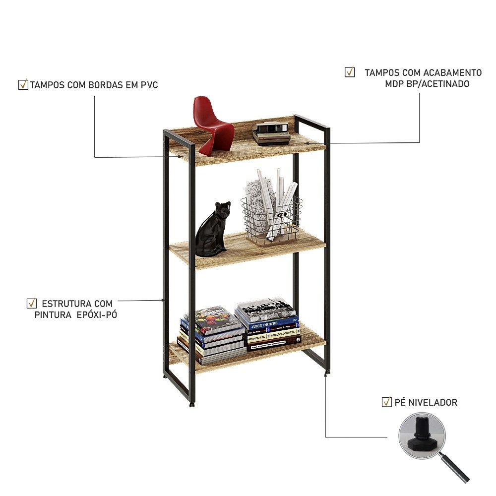 Estante Livreiro Multiuso Dynamica Industrial 60cm 3 Prateleiras C08 Carvalho - Mpozenato