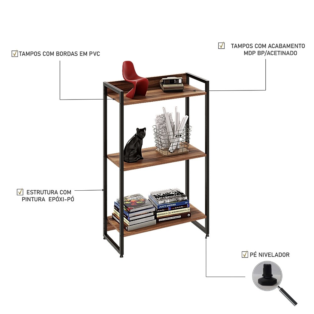 Estante Livreiro Multiuso Dynamica Industrial 60cm 3 Prateleiras C08 Nogal - Mpozenato