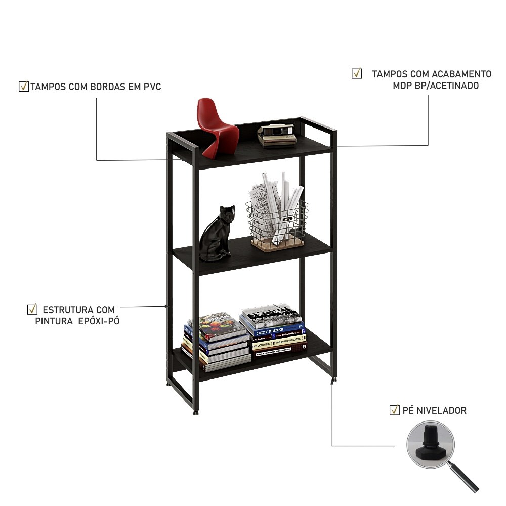 Estante Livreiro Multiuso Dynamica Industrial 60cm 3 Prateleiras C08 Preto Ônix - Mpozenato