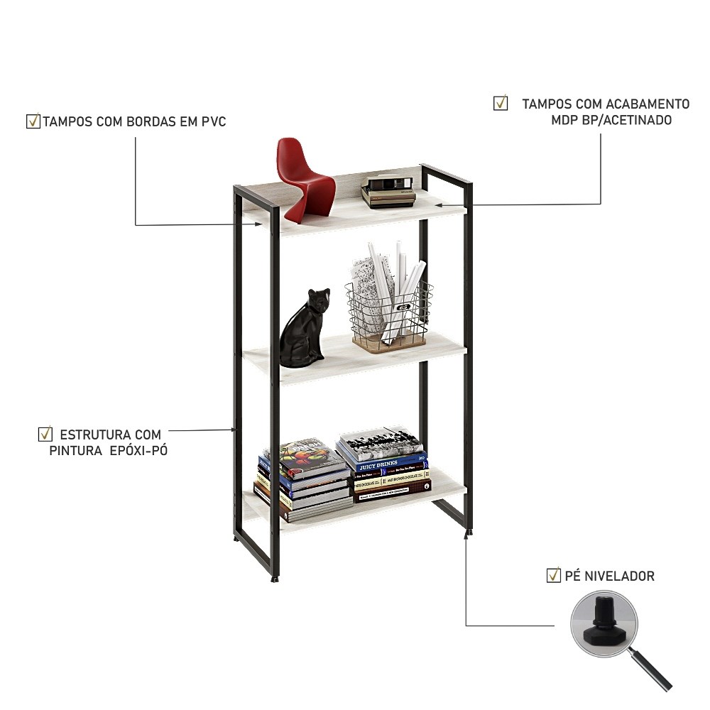 Estante Livreiro Multiuso Dynamica Industrial 60cm 3 Prateleiras C08 Snow - Mpozenato