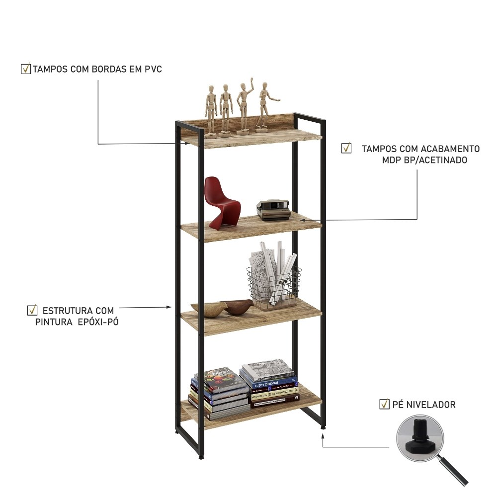 Estante Livreiro Multiuso Dynamica Industrial 60cm 4 Prateleiras C08 Carvalho - Mpozenato