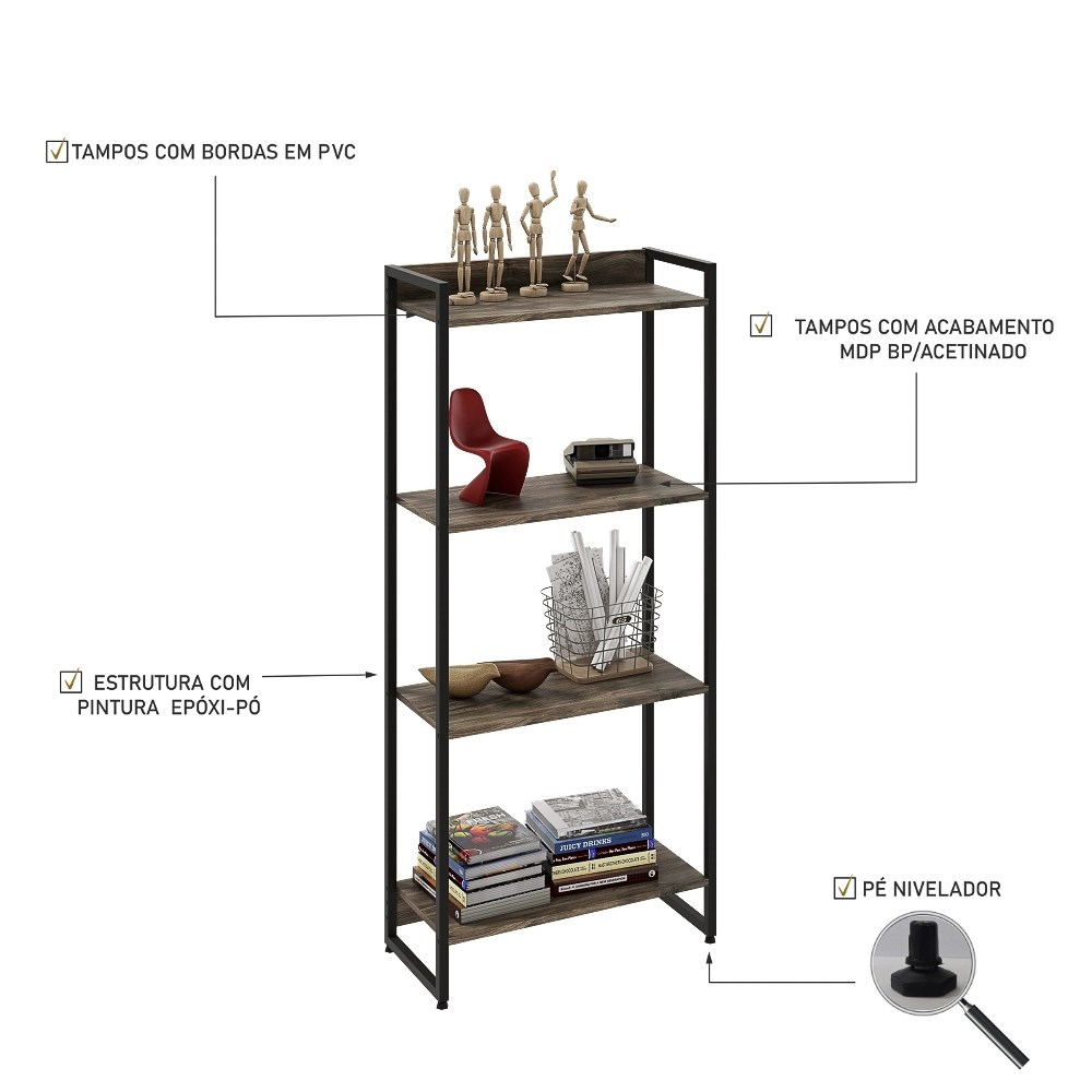 Estante Livreiro Multiuso Dynamica Industrial 60cm 4 Prateleiras C08 Carvalho Dark - Mpozenato