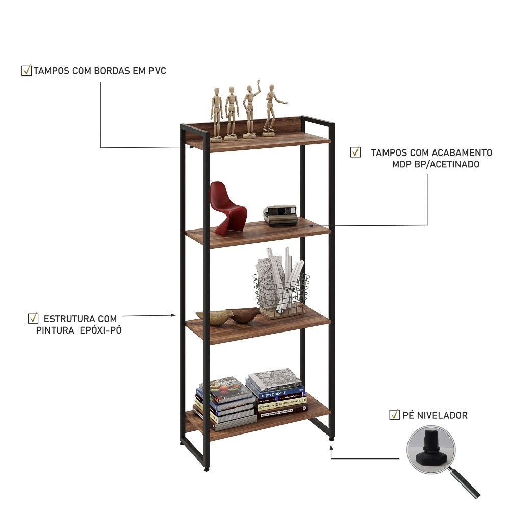 Estante Livreiro Multiuso Dynamica Industrial 60cm 4 Prateleiras C08 Nogal - Mpozenato